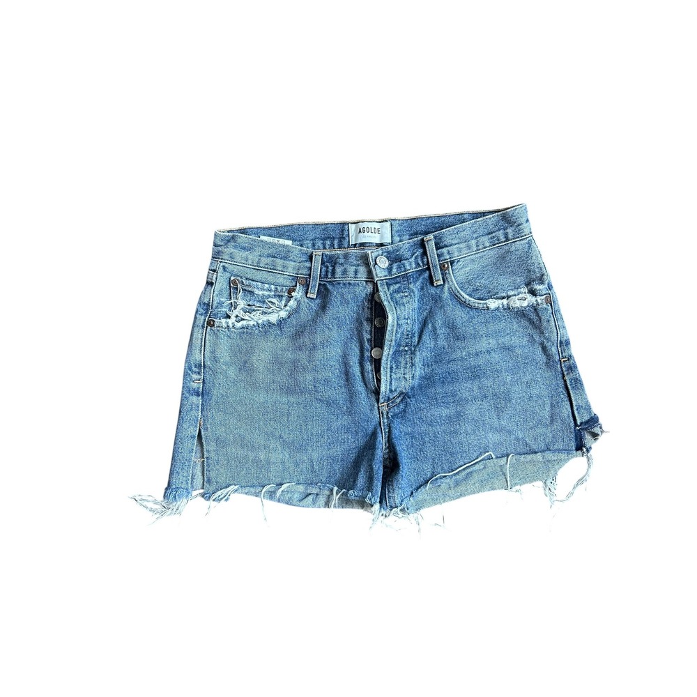 AGOLDE Rumi High Rise Distressed Denim Shorts Blue Button Fly Women's 27